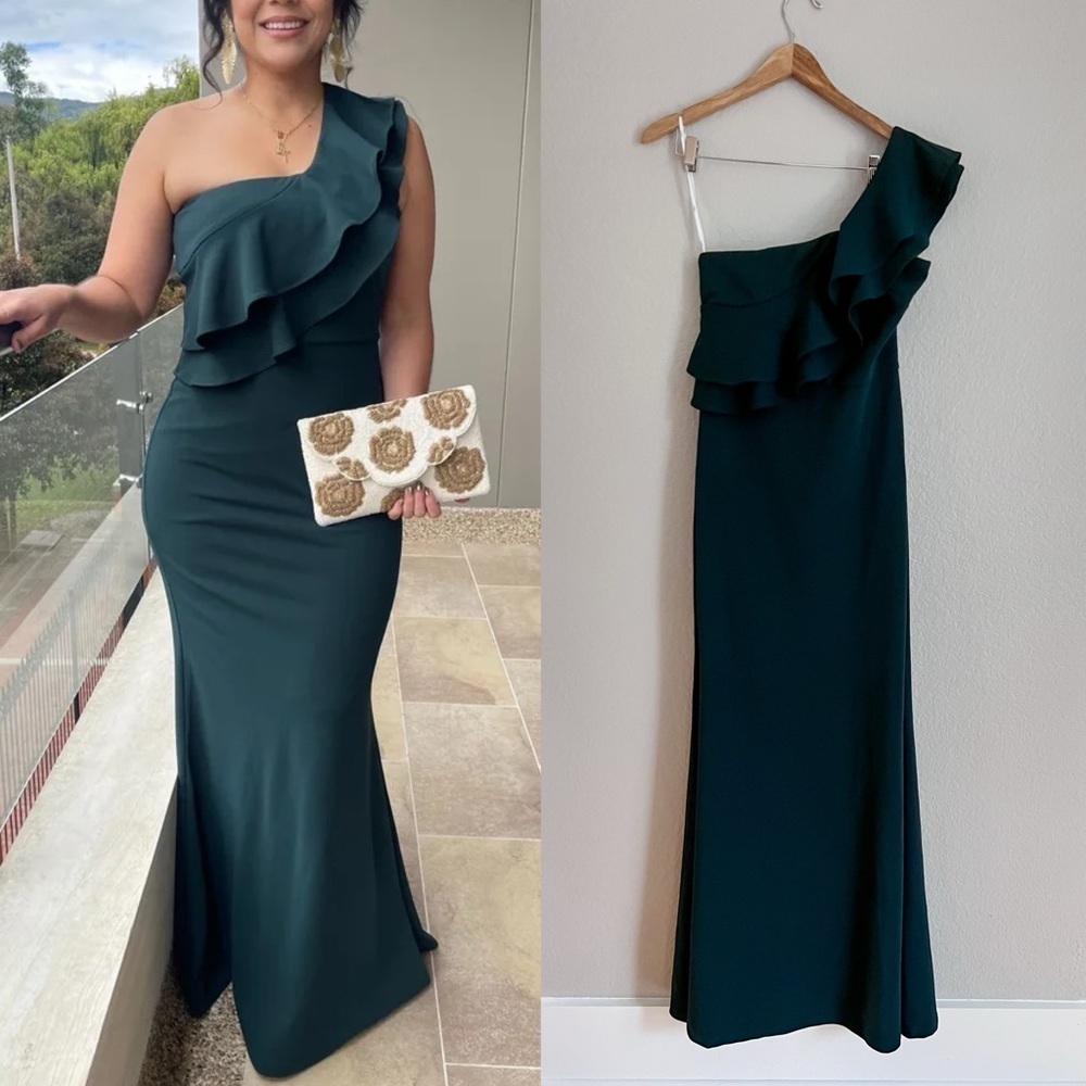 NWOT Grand Beauty Emerald Ruffled One-Shoulder Mermaid Maxi Dress